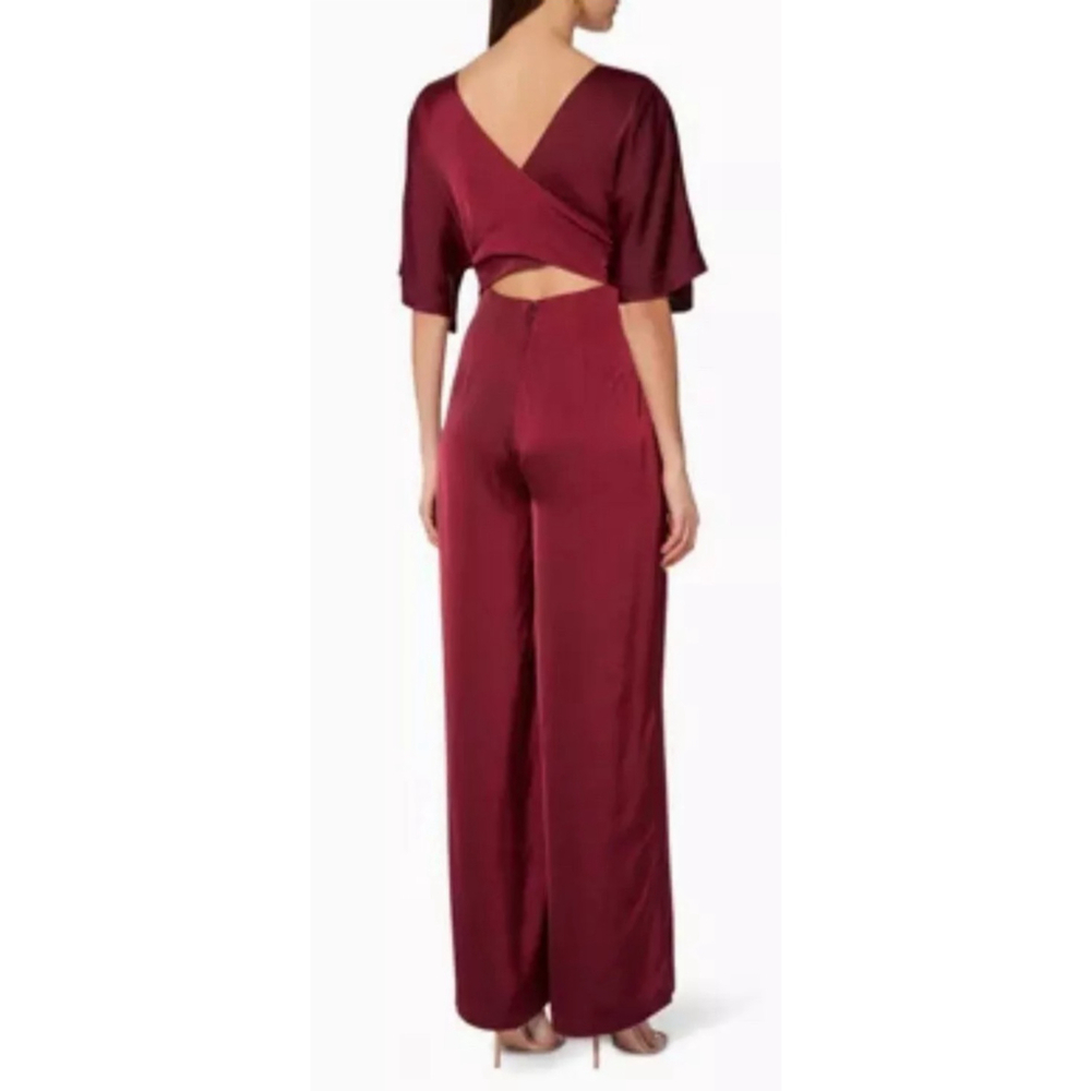 NICHOLAS Jumpsuit Size‎ 2 Burgundy Satin Wrap V-Neck Tie Front Open Back